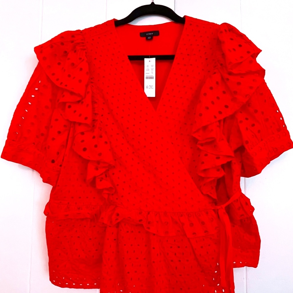 NWT Ruffle Wrap Top in Eyelet - Orangey Red - J Crew - Women's Plus 2X